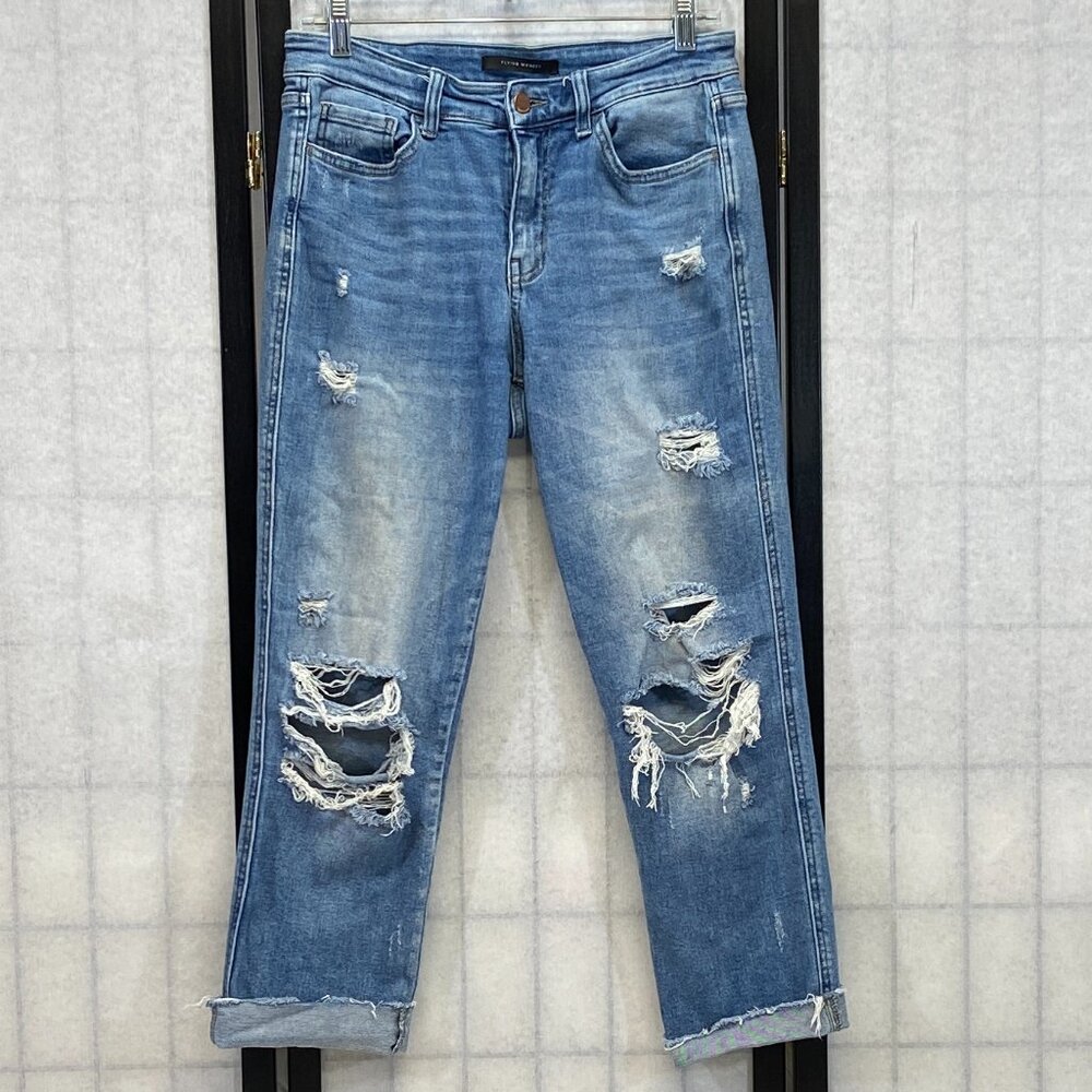 Flying Monkey Mid Rise Distressed Raw Hem Ankle Denim Jeans Medium Wash 29